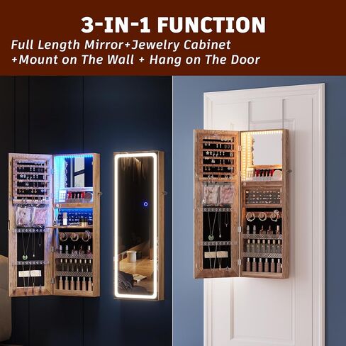 FOMNEY Jewelry Cabinet with Mirror, Wall/Door Mounte Jewelry Armoire with 3 Color Lights, Full Length Mirror with Storage, LED Jewelry Organizer with Mirror Touch Lights,Jewelry Box (Light Wood) in Saudi Arabia