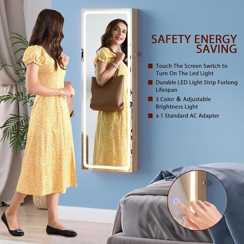 FOMNEY Jewelry Cabinet with Mirror, Wall/Door Mounte Jewelry Armoire with 3 Color Lights, Full Length Mirror with Storage, LED Jewelry Organizer with Mirror Touch Lights,Jewelry Box (Light Wood) in Saudi Arabia