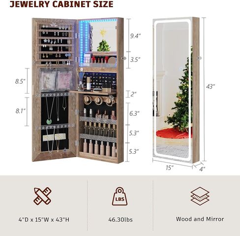 FOMNEY Jewelry Cabinet with Mirror, Wall/Door Mounte Jewelry Armoire with 3 Color Lights, Full Length Mirror with Storage, LED Jewelry Organizer with Mirror Touch Lights,Jewelry Box (Light Wood) in Saudi Arabia