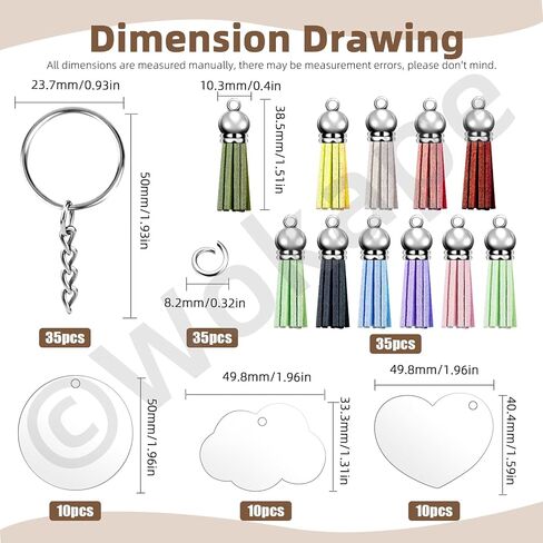 Wokape 135cs Bulk Keychain Rings Set Contains 35Pcs Leather Tassels for Jewelry Making Craft, 35Pcs Key Chain Rings, 35Pcs Jump Rings and 30Pcs Acrylic Discs for Acrylic Keychain Blanks (Silver Cap) in Saudi Arabia