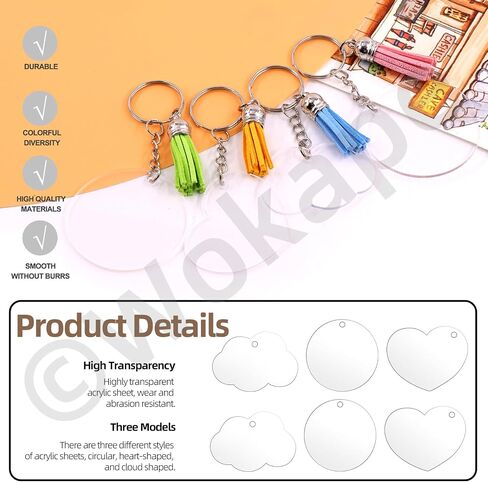 Wokape 135cs Bulk Keychain Rings Set Contains 35Pcs Leather Tassels for Jewelry Making Craft, 35Pcs Key Chain Rings, 35Pcs Jump Rings and 30Pcs Acrylic Discs for Acrylic Keychain Blanks (Silver Cap) in Saudi Arabia