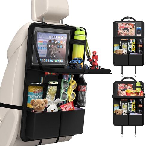 Plzpik Car Backseat Organizer with Tablet Holder,11 Storage Pockets with Foldable Food Tray, Protector Kick Mats for Kids, Travel Accessories Organizer -Black 1 Pack in Saudi Arabia