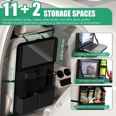 Plzpik Car Backseat Organizer with Tablet Holder,11 Storage Pockets with Foldable Food Tray, Protector Kick Mats for Kids, Travel Accessories Organizer -Black 1 Pack in Saudi Arabia