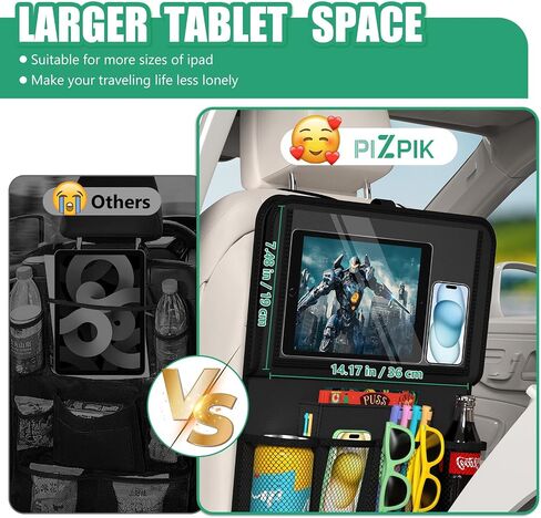 Plzpik Car Backseat Organizer with Tablet Holder,11 Storage Pockets with Foldable Food Tray, Protector Kick Mats for Kids, Travel Accessories Organizer -Black 1 Pack in Saudi Arabia