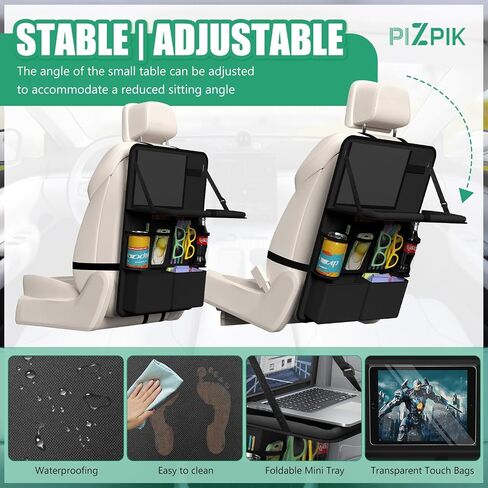 Plzpik Car Backseat Organizer with Tablet Holder,11 Storage Pockets with Foldable Food Tray, Protector Kick Mats for Kids, Travel Accessories Organizer -Black 1 Pack in Saudi Arabia