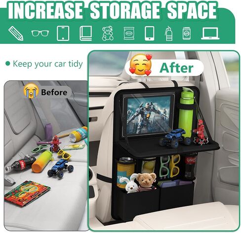 Plzpik Car Backseat Organizer with Tablet Holder,11 Storage Pockets with Foldable Food Tray, Protector Kick Mats for Kids, Travel Accessories Organizer -Black 1 Pack in Saudi Arabia