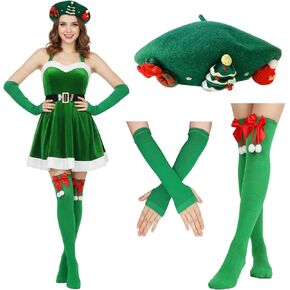 Novelty Christmas Beret Hat Set, Beanie Painter Cap with Bowknot Thigh High Socks & Long Fingerless Gloves for Women Girls in Saudi Arabia