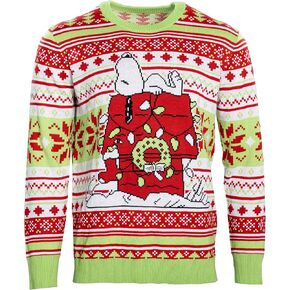 Peanuts Snoopy Sleeping on Red House Christmas Lights Officially Licensed Knitted Ugly Christmas Sweater by Life Clothing Multicolor in Saudi Arabia
