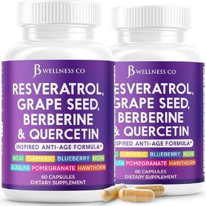 مستخلص بذور العنب ريسفيراترول من جي بي ويلنس، البربارين، كيرسيتين - مكمل بوليفينول للنساء والرجال مع مستخلص النوني، إن-أسيتيل سيستين، مستخلص الأكاي - 60 كبسولة in Kuwait