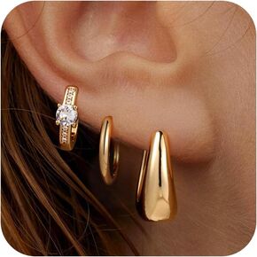 Small 14K Gold Plated Chunky Hoop Earrings for Women Hypoallergenic Silver Earrings Set for Sensitive Ears Non Tarnish Huggie Hoops Earring Stacks for Multiple Piercing Jewelry Lightweight 3Pairs in Saudi Arabia