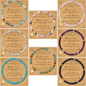 8PCS Cross Bracelets for Women Christian Gifts - 4MM Beaded Cross Bracelet Inspirational Christmas Confirmation Baptism Birthday Gifts Natural Stone Bracelets Jewelry in Kuwait