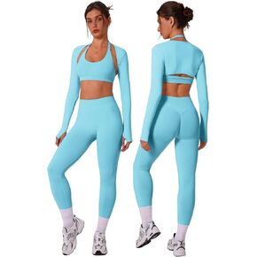 3 Piece Workout Sets for Women Seamless Halter Sports Bra High Waist Leggings Long Sleeve Shrug Gym Yoga Outfits in Saudi Arabia