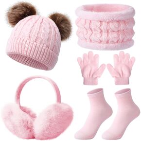 5 Pcs Kids Winter Beanie Hat Scarf Gloves Set Ear Muffs Socks Pompom Knit Warm Winter Cap for Girls Boy 4-10 Years in Saudi Arabia