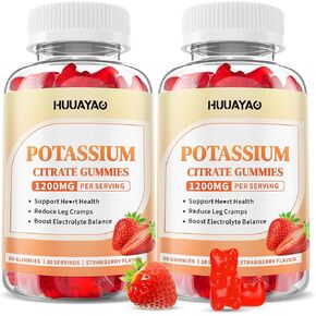 علكة سيترات البوتاسيوم 1200 ملجم للبالغين من النساء والرجال، مكمل بوتاسيوم قابل للمضغ لتقليل تشنجات الساق وصحة العضلات، خالي من السكر، نكهة الفراولة، 60 قطعة in Kuwait