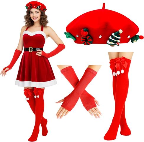 Novelty Christmas Beret Hat Set, Beanie Painter Cap with Bowknot Thigh High Socks & Long Fingerless Gloves for Women Girls in Saudi Arabia
