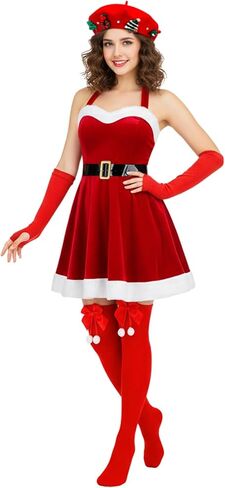 Novelty Christmas Beret Hat Set, Beanie Painter Cap with Bowknot Thigh High Socks & Long Fingerless Gloves for Women Girls in Saudi Arabia