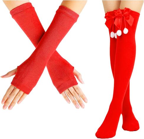Novelty Christmas Beret Hat Set, Beanie Painter Cap with Bowknot Thigh High Socks & Long Fingerless Gloves for Women Girls in Saudi Arabia
