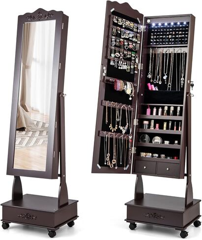 COSTWAY 6 LEDs Mirror Jewelry Cabinet with Wheels, Lockable Jewelry Storage Organizer w/Full-Length Mirror and 3 Adjustable Angles, Floor Standing Jewelry Armoire for Living Room Bedroom (Brown) in Saudi Arabia
