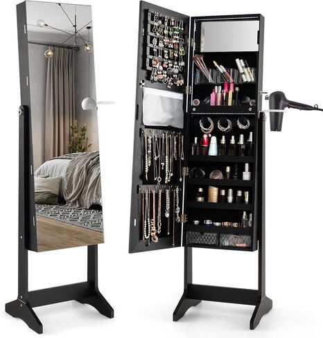 GOFLAME Jewelry Cabinet Armoire, Lockable Freestanding Jewelry Storage Organizer with Full-length Frameless Mirror, 3-Color LED Lights, 3 Adjustable Angles, Hair Dryer Holder for Bedroom (White) in Saudi Arabia
