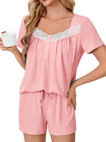 Rooscier Women's Pajama Set Lace Trim Short PJ Set V Neck Short Sleeve Sleepwear Nightwear in Saudi Arabia