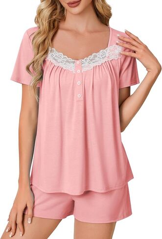 Rooscier Women's Pajama Set Lace Trim Short PJ Set V Neck Short Sleeve Sleepwear Nightwear in Saudi Arabia