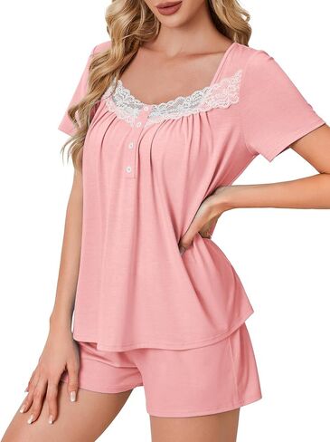 Rooscier Women's Pajama Set Lace Trim Short PJ Set V Neck Short Sleeve Sleepwear Nightwear in Saudi Arabia