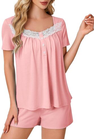 Rooscier Women's Pajama Set Lace Trim Short PJ Set V Neck Short Sleeve Sleepwear Nightwear in Saudi Arabia