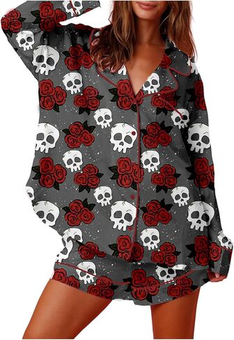 Womens Halloween Silk Pajama Set Pumpkin Bow Print Long Sleeve Button Down Shirt Shorts Y2k Holiday Sleepwear in Saudi Arabia