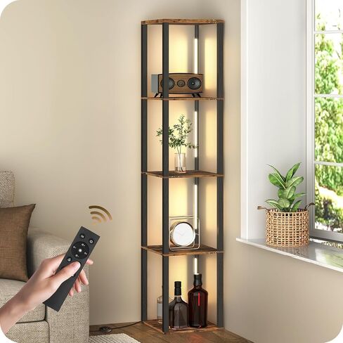 Corner Floor Lamp with Shelves, Modern LED Display Shelf with Light & Remote, Stepless Dimmable Standing Tall Lighting for Living Room, Bedroom, Home Office, Adjustable CCT, Black B51LD05 in Kuwait