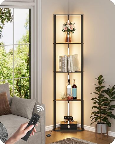 Corner Floor Lamp with Shelves, Modern LED Display Shelf with Light & Remote, Stepless Dimmable Standing Tall Lighting for Living Room, Bedroom, Home Office, Adjustable CCT, Black B51LD05 in Kuwait
