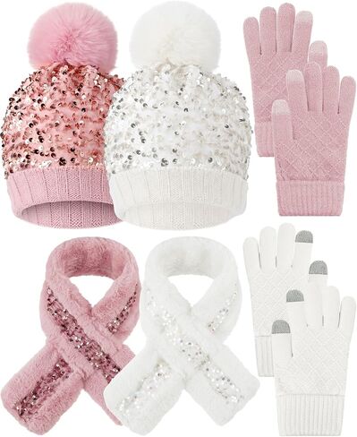 2 Sets Girl's Winter Knit Hat Scarf Gloves Set Warm Fleece Lined Pom Pom Hat Scarf Gloves for Teens Pink Purple in Saudi Arabia