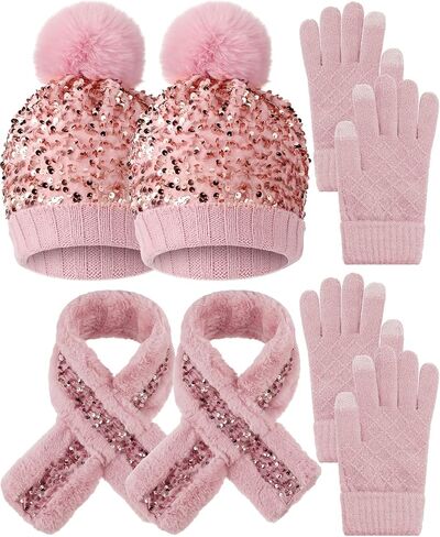 2 Sets Girl's Winter Knit Hat Scarf Gloves Set Warm Fleece Lined Pom Pom Hat Scarf Gloves for Teens Pink Purple in Saudi Arabia