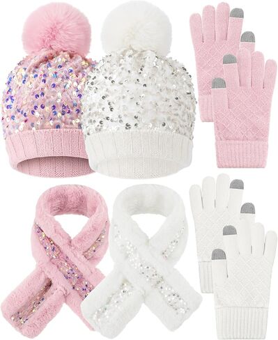 2 Sets Girl's Winter Knit Hat Scarf Gloves Set Warm Fleece Lined Pom Pom Hat Scarf Gloves for Teens Pink Purple in Saudi Arabia