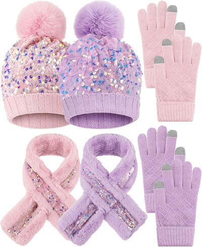 2 Sets Girl's Winter Knit Hat Scarf Gloves Set Warm Fleece Lined Pom Pom Hat Scarf Gloves for Teens Pink Purple in Saudi Arabia