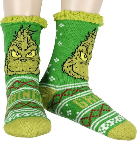 سترة Bioworld Dr. Seuss The Grinch Face Fair Isle سترة منسوجة من الصوف المخملي المبطن غير قابلة للانزلاق جوارب مريحة للطاقم in Kuwait