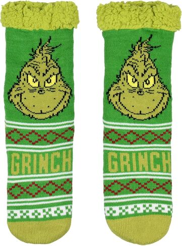 سترة Bioworld Dr. Seuss The Grinch Face Fair Isle سترة منسوجة من الصوف المخملي المبطن غير قابلة للانزلاق جوارب مريحة للطاقم in Kuwait