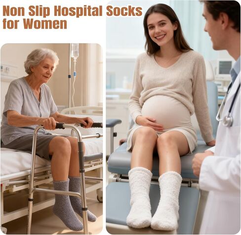 جوارب مضادة للانزلاق للنساء كهدايا، شباشب شتوية دافئة مع مقابض جورب نوم مريح ومنفوش في المستشفى in Kuwait