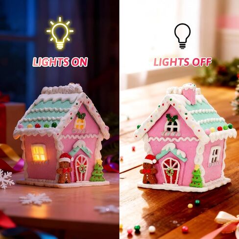 زينة عيد الميلاد لبيت الزنجبيل الوردي LED 2025، 6 بوصات تضيء زينة قرية عيد الميلاد مع رجل خبز الزنجبيل وشجرة عيد الميلاد لقطعة مركزية للطاولة أو عرض العطلات in Kuwait