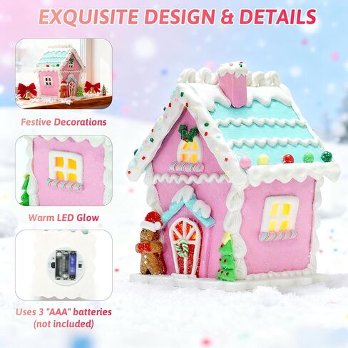 زينة عيد الميلاد لبيت الزنجبيل الوردي LED 2025، 6 بوصات تضيء زينة قرية عيد الميلاد مع رجل خبز الزنجبيل وشجرة عيد الميلاد لقطعة مركزية للطاولة أو عرض العطلات in Kuwait