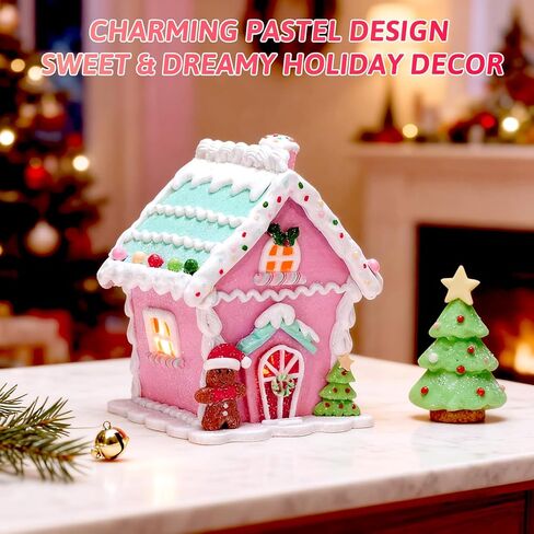 زينة عيد الميلاد لبيت الزنجبيل الوردي LED 2025، 6 بوصات تضيء زينة قرية عيد الميلاد مع رجل خبز الزنجبيل وشجرة عيد الميلاد لقطعة مركزية للطاولة أو عرض العطلات in Kuwait