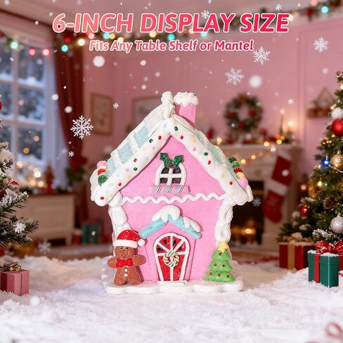 زينة عيد الميلاد لبيت الزنجبيل الوردي LED 2025، 6 بوصات تضيء زينة قرية عيد الميلاد مع رجل خبز الزنجبيل وشجرة عيد الميلاد لقطعة مركزية للطاولة أو عرض العطلات in Kuwait