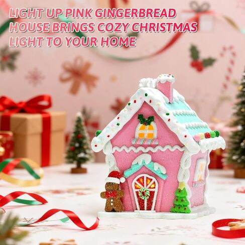 زينة عيد الميلاد لبيت الزنجبيل الوردي LED 2025، 6 بوصات تضيء زينة قرية عيد الميلاد مع رجل خبز الزنجبيل وشجرة عيد الميلاد لقطعة مركزية للطاولة أو عرض العطلات in Kuwait