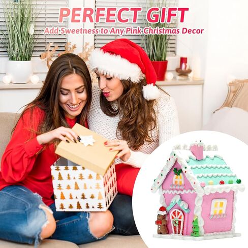 زينة عيد الميلاد لبيت الزنجبيل الوردي LED 2025، 6 بوصات تضيء زينة قرية عيد الميلاد مع رجل خبز الزنجبيل وشجرة عيد الميلاد لقطعة مركزية للطاولة أو عرض العطلات in Kuwait