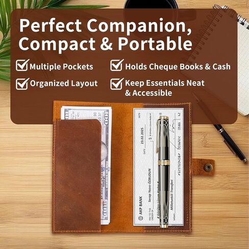 غطاء دفتر شيكات جلدي مع حامل قلم للنساء والرجال، أغطية دفتر شيكات للشيكات المكررة، حامل سجل ثنائي الطي، محفظة دفاتر الشيكات 7 × 3.75 بوصة، هدايا شخصية in Kuwait