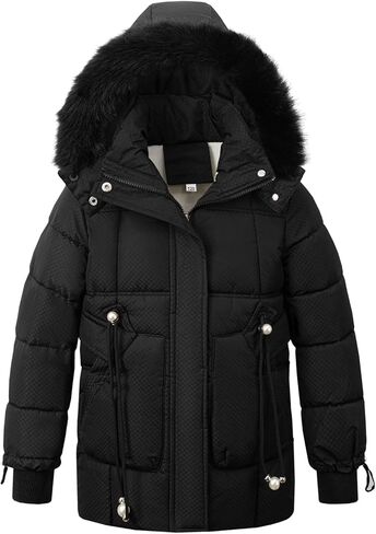 Girls' Winter Warm Coat Fleece Lined Long Jacket With Detachable Fur Hood in Saudi Arabia