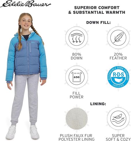 جاكيت Eddie Bauer للفتيات كلاسيكي ثقيل الوزن مبطن بالفرو الصناعي مع غطاء للرأس، مقاس Infinity، مقاس صغير in Saudi Arabia