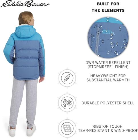 جاكيت Eddie Bauer للفتيات كلاسيكي ثقيل الوزن مبطن بالفرو الصناعي مع غطاء للرأس، مقاس Infinity، مقاس صغير in Saudi Arabia