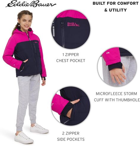 سترة Eddie Bauer للفتيات كلاسيكية ثقيلة الوزن مبطنة بالفرو الصناعي معزولة بغطاء للرأس، معطف بازلاء، مقاس متوسط in Saudi Arabia