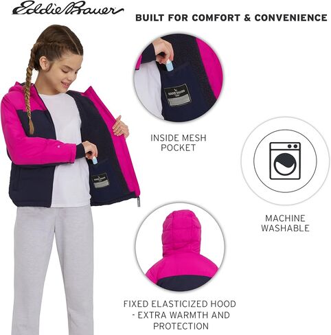سترة Eddie Bauer للفتيات كلاسيكية ثقيلة الوزن مبطنة بالفرو الصناعي معزولة بغطاء للرأس، معطف بازلاء، مقاس متوسط in Saudi Arabia
