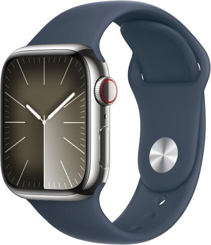 Apple Watch Series 9 [GPS + Cellular 45mm] Smartwatch with Silver Stainless Steel Case with Storm Blue Sport Band M/L. Fitness Tracker, Blood Oxygen & ECG Apps, Always-On Retina Display in Saudi Arabia
